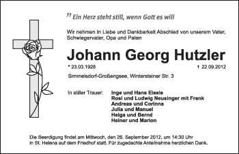 Traueranzeige von Johann Georg Hutzler von Pegnitz-Zeitung